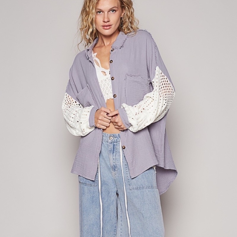New POL Clothing Women's Gauze Knit Button Front Shacket Oversized Medium Ash